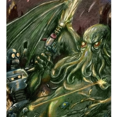 Cthulhu vs. Giant Robots!: Graphite, charcoal, and Photoshop. 2011